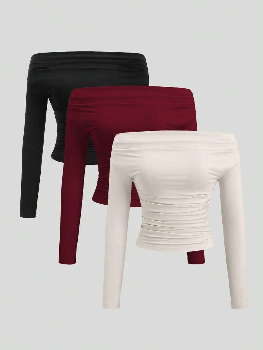 Sweetra Bộ 3 áo crop top tay dài trễ vai cho nữ, thoải mái, thân thiện với da, ôm vừa vặn - Nhiều màu - Xem 1
