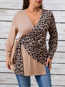 EMERY ROSE Plus Size Women V-Neck Long Sleeve Leopard Patchwork Casual Tie-Front Tunic Top - Khaki - View 7