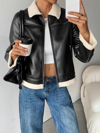SHEIN Tall 女士皮草摩托车夹克 秋冬外套 保暖休闲 适合日常穿着 女士短款皮夹克 时尚女装 短款夹克 女士夹克 女士外套 流行女装 女士夹克