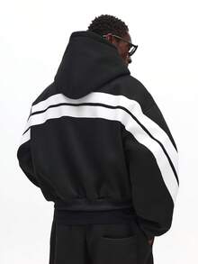 SUMWON 连帽拉链卫衣，撞色条纹细节，休闲冬季穿着，纯色 - 黑色 - 查看 1