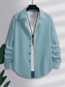 Manfinity Homme 男士加大码休闲纯色衬衫，百搭秋季 - 淺藍色 - 查看 3