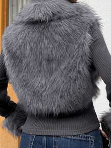 SHEIN EZwear Fashionable Street Style Women's Dark Grey Faux Fur Zip-Up Long Sleeve Jacket, Autumn Clothing,Fall,Fall Clothes For Women - Dark Grey - View 7