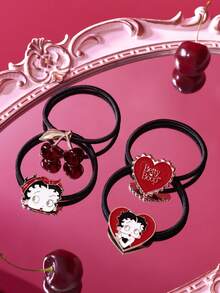 Betty Boop x SHEIN 4件套锌合金女士弹力发绳，红色爱心樱桃金色发圈黑色橡皮筋套装，适合扎头发和马尾辫发型，礼品创意，派对，节日，情人节 - 彩色 - 查看 6