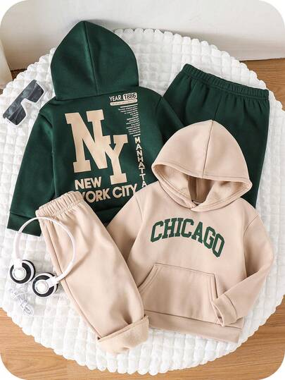 SHEIN 男婴纯色保暖连帽衫和运动裤套装，4件套，舒适百搭，时尚字母图案基础款，适合室内、室外、日常、运动、玩耍、派对、节日、返校、街头风、慢跑、运动服、万圣节等场合，是男婴秋冬季的理想选择。