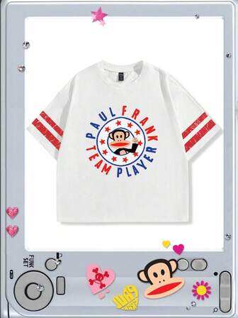 Paul Frank X ROMWE Men's Letter & Monkey Print Round Neck Short Sleeve T-Shirt, Summer