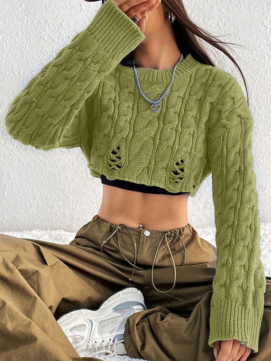 SHEIN Unity 女士休闲短款纹理针织长袖毛衣,秋冬 - 綠色 - 查看 1