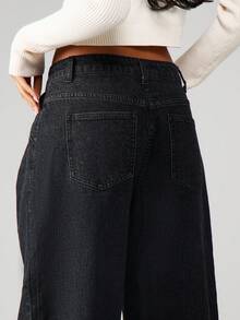 MISSGUIDED 高腰阔腿褶皱牛仔裤深色水洗复古阔腿裤带口袋 - 黑色 - 查看 6