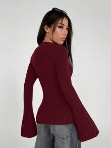 Flirla Áo len bó tay chuông màu trơn thời trang dành cho nữ, Thu/Đông - Màu Đỏ Sâu - Xem 2
