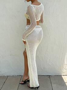 Sunnyshic Bộ 2 món áo len hở vai tay raglan gợi cảm kèm chân váy mini xẻ tà bên hông cho kỳ nghỉ của nữ - Màu be - Xem 2