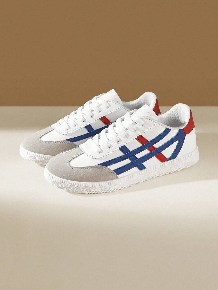 CUCCOO EASI 2025年春秋新作 レディースカジュアルスニーカー、パッチワーク カラーブロック デザイン フラットシューズ、快適な多用途ミニマリストホワイトスニーカー、学生靴、レトロガンプシューズ