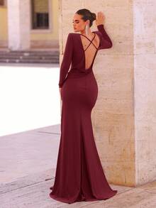 Glamrae Elegant Dark Brown Shiny Long Sleeve Formal Evening Gown,Wide Boat Neck Waist Twist Drape Open Back Mermaid Hem Dress For Wedding Party,Birthday - Burgundy - View 2