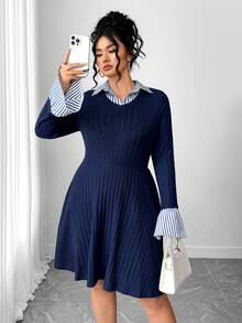 Elenzga Plus Size Elegant Collared Long Sleeve Ribbed Patchwork Knit Dress - Navy Blue - View 1