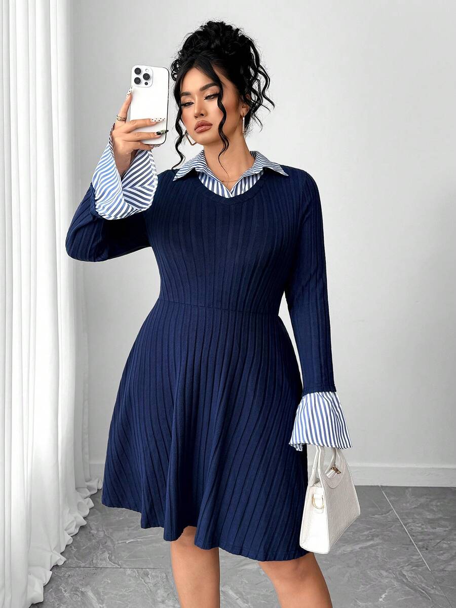 Elenzga Plus Size Elegant Collared Long Sleeve Ribbed Patchwork Knit Dress - Navy Blue - View 1