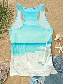 女士无袖圆领渐变海龟和沙滩印花休闲背心，适合夏季度假 - 淺藍色 - 查看 2