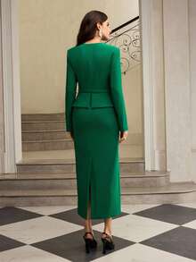 ZEYLAH Váy dài ôm eo thêu, Thu/Đông - màu xanh lá - Xem 4