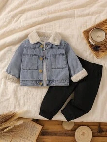 SHEIN Vintaside Kids 男婴羊毛领牛仔夹克和黑色裤子两件套，奶油蓝色羊羔绒衬里冬季夹克+裤子，秋冬百搭装 - 藍色 - 查看 1