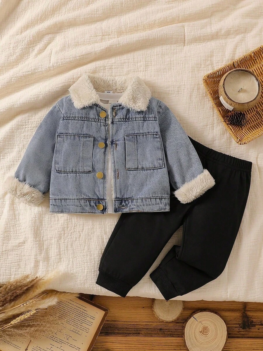 SHEIN Vintaside Kids 男婴羊毛领牛仔夹克和黑色裤子两件套，奶油蓝色羊羔绒衬里冬季夹克+裤子，秋冬百搭装 - 藍色 - 查看 1