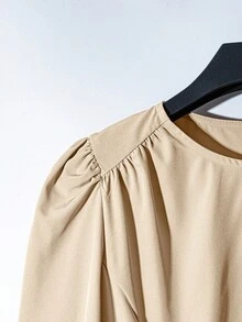 Franclia 女式优雅纯色褶皱圆领灯笼袖连衣裙，秋季 - 杏色 - 查看 4