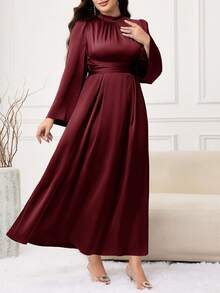 Modelyn Plus Size Elegant Solid Color Bell Sleeve Dress, Suitable For Party/Christmas - Burgundy - View 2