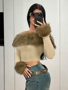 SHEIN ICON Women's Solid Color Fitted Off Shoulder Faux Fur Trim Long Sleeve T-Shirt - Khaki - View 6