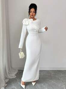 Selianne 女装 2025 春/秋新款圆领肩部 3D 花卉装饰袖纽扣装饰 A 字腰开叉下摆优雅淑女别致连衣裙，法式长袖长裙，适合 20-35+ 女性度假/晚装，白色 - 米色 - 查看 5