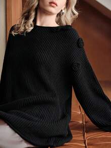 Uhlyne Solid Color Minimalist Crew Neck Long Sleeve Sweater, Elegant Casual High-End Vintage Style, Handcrafted Crochet Details, Women Knit Pullover Suitable For Daily Commute, Holidays, Parties - Black - View 7