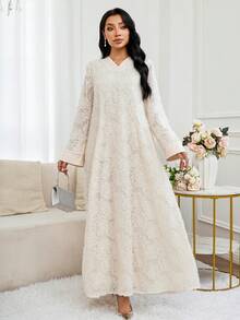 Al Najma 女士优雅V领长袖阿拉伯风格连衣裙 - 杏色 - 查看 5