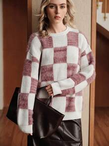 Uhlyne Uhlyne Christmas Wool Blend Sweater,Round Neck Long Sleeve Loose Fit Red&White Minimalist Elegant Casual Autumn Everyday High-End,Holiday Party Wear - Red and White - View 3
