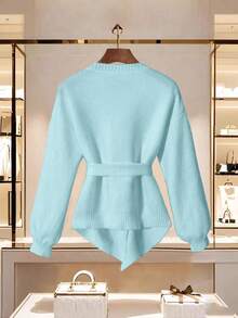 SHEIN LUNE 新款秋冬高品质优雅百搭柔软白色女士开衫 - 水鴨藍 - 查看 2