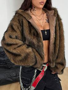 Coolane Women's & Men's Winter Streetwear Party Chic Hippie Casual Vintage Y2K Grunge Cave Fur Zip Up Warm/ Cold Weather/ Thermal Brown Oversized Hooded Fluffy Coat