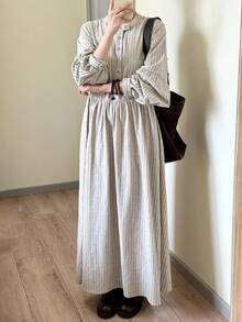 FRIFUL 女士条纹宽松A字连衣裙，自然风格连衣裙 - 卡其色 - 查看 3