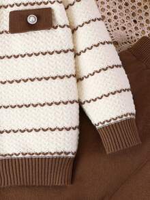 SHEIN Playful Pals 2pcs Baby Girl Casual Cute Long Sleeve Striped Faux Pocket Knit Cardigan And Knit Pants Set, Suitable For Daily Outings And Travel