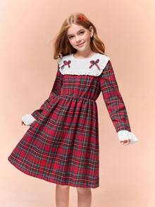Tween Girl Ruffled Collar & Cuffs Patchwork Buttoned A-Line Dress, White & Brown,Holiday,Summer,Travel - Red - View 7