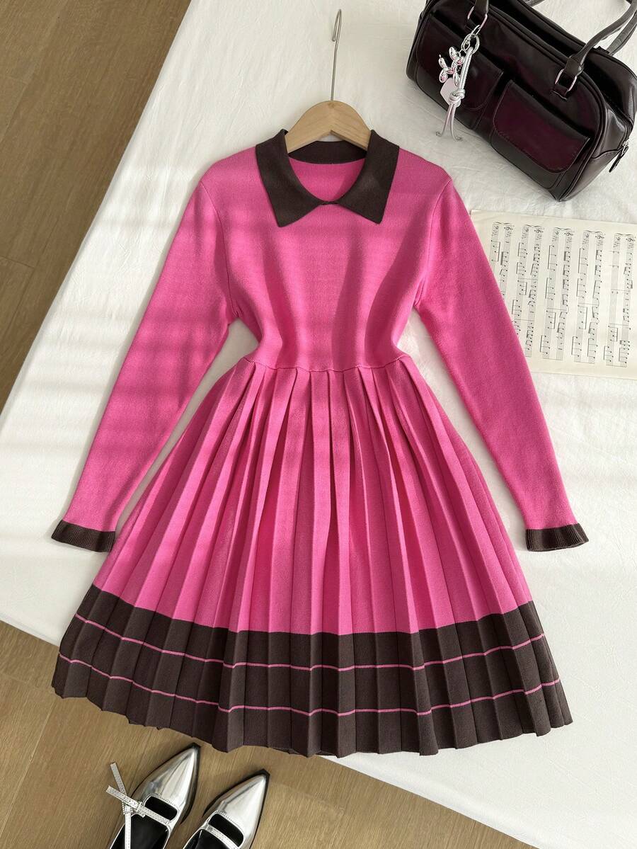 Vestido de suéter con bloqueo de color, plisado en la cintura y dobladillo para niña preadolescente, otoño/invierno