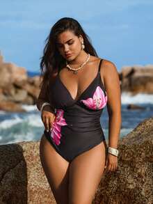 Swim Vcay 大码女式连体印花修身收腹泳衣 - 黑色 - 查看 3
