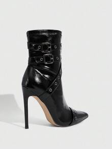 Daringsoles 女式尖头扣环设计闪亮尖头细高跟中筒靴 - 黑色 - 查看 4