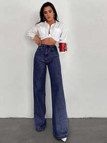 SHEIN Tall 100%纯棉高腰阔腿长下摆牛仔裤