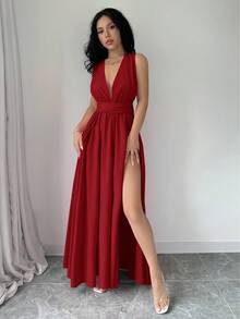 Rafferiza 性感露背高开衩长款礼服新年服装超长女士服装