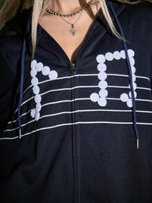 ROMWE Avant Bộ 2 áo hoodie có khóa kéo in nốt nhạc thường ngày dành cho nữ và quần dài - Màu xanh hải quân - Xem 4