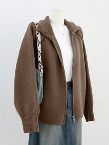 Dazy-Less Women's Loose Business Casual Chic Street Elegant Stand Collar Cardigan Sweater, Color Block, Autumn/Winter - Brown - View 6