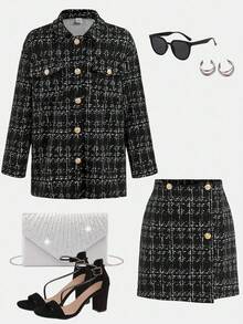 SHEIN Tween Girl Flap Pocket Tweed Jacket And Double-Breasted Mini Skirt Set - Black - View 2