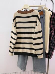 Calvaya Plus Size Striped Heart Embroidered Cardigan, Valentine's Day - Rust Brown - View 2