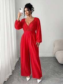 Elenzga 加大码红色圣诞优雅连体裤，2025 年新款，百搭露肩交叉领直筒连体裤，适合返校、毕业典礼、节日、情人节、音乐节、母亲节、万圣节、感恩节、复活节、国庆节、联欢晚会、约会、派对、婚礼、郊游 - 紅色 - 查看 3