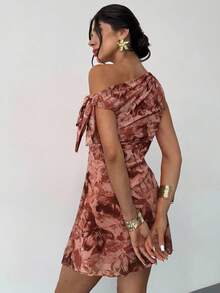 Firerie 女式夏季新款碎花不对称肩部性感优雅度假迷你连衣裙，网眼碎花连衣裙，不对称领口连衣裙，春夏服装，沙滩装，优雅，性感，度假，海滩，夏威夷，约会，派对，音乐节，毕业礼服，舞会 - 棕色 - 查看 8