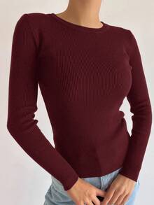 DAZY Stylish Red Knitwear Round Neck Rib-Knit Long Sleeve Sweater For Women Casual Wear - Red - View 3