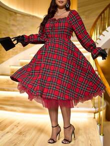 Gownix Váy lưới kẻ caro dự tiệc thời trang cỡ lớn - Đỏ - Xem 9