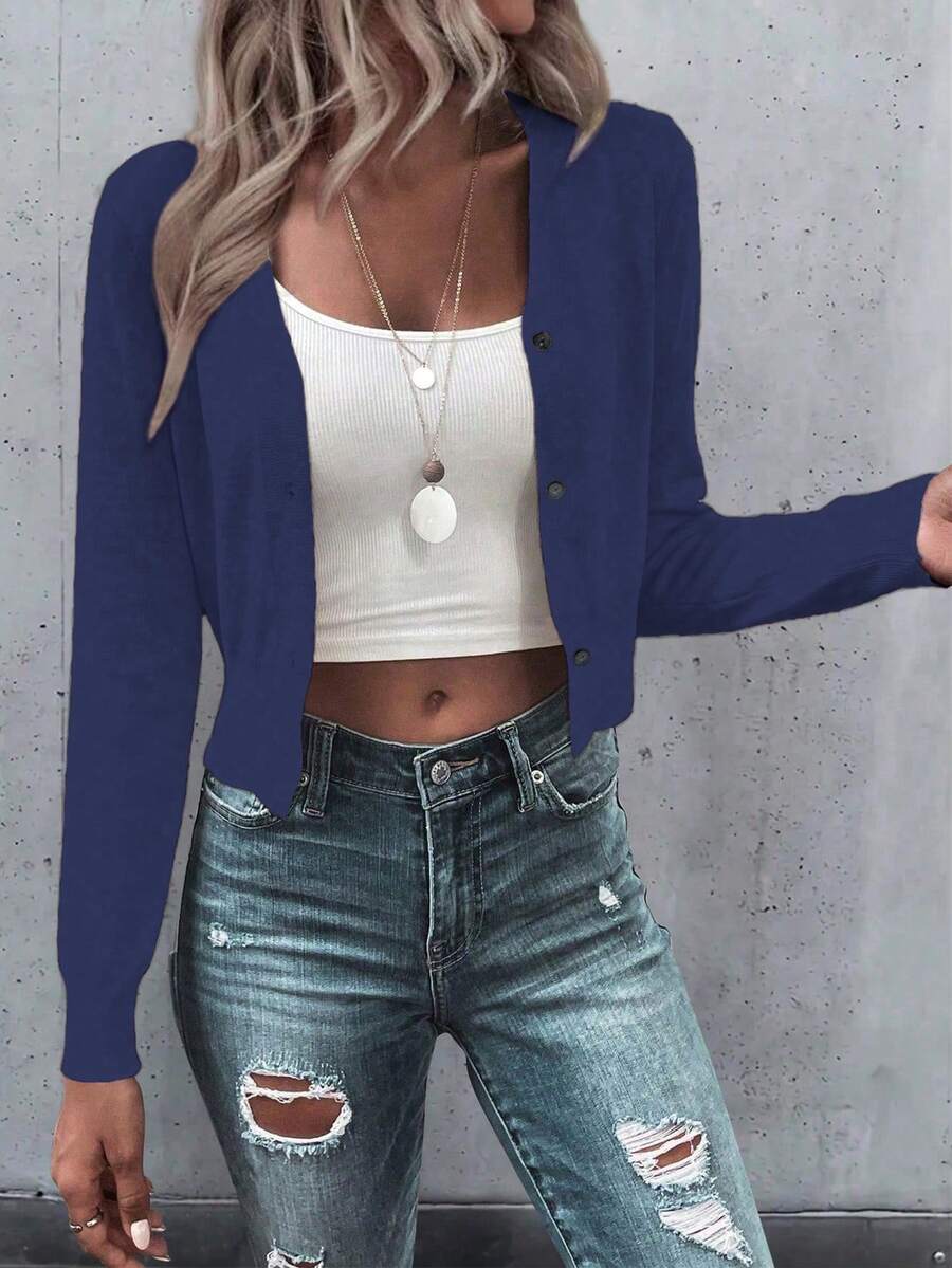 EMERY ROSE Cárdigan corto de unicolor casual y versátil - Azul Marino - Ver 1