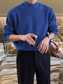 Claim Dot Áo len nam dáng rộng, cổ đứng, màu trơn, đơn giản, thích hợp mặc hàng ngày đi làm, kiểu dáng dễ phối đồ, màu xanh dương thu đông, tay dài. - Màu xanh lam - Xem 7