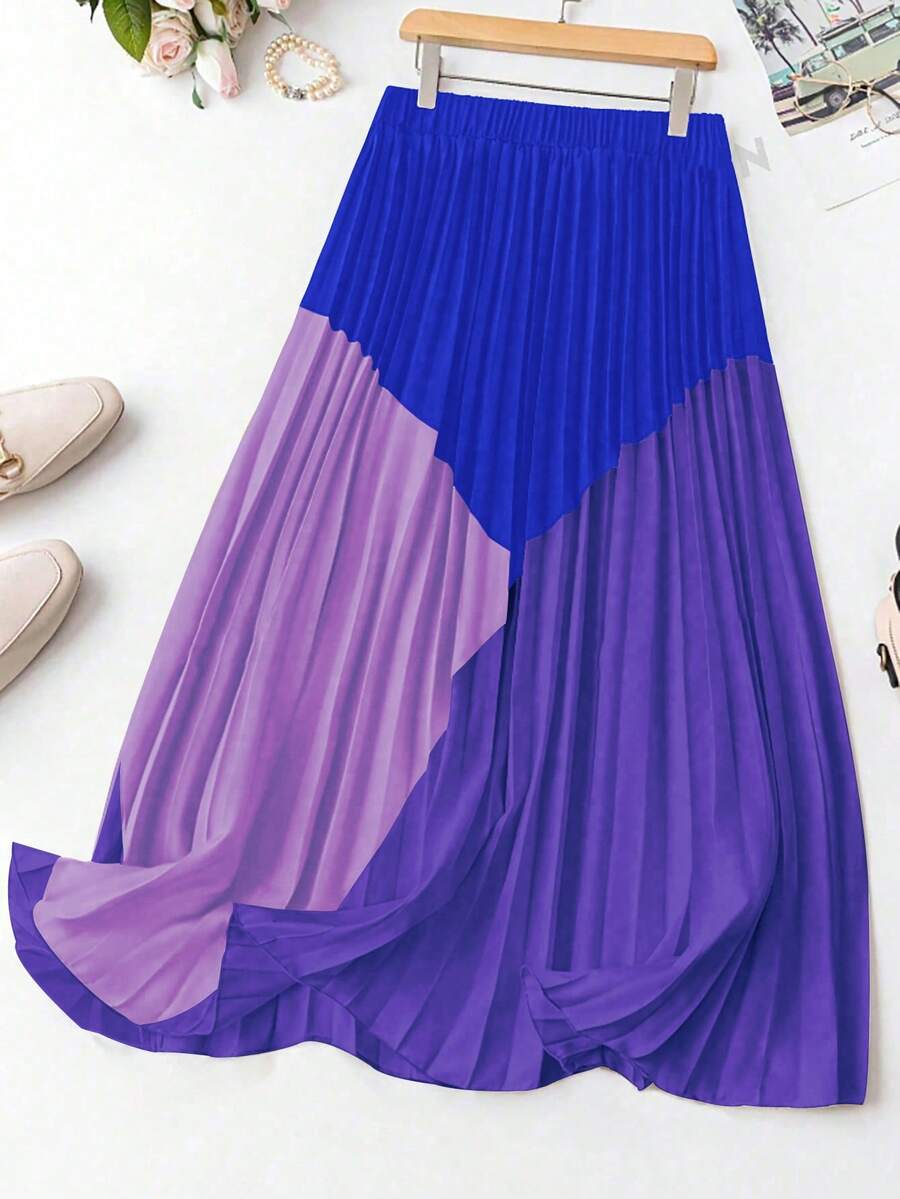 Franclia Plus Size Women's Summer Contrast Color Pleated Flowy A-Line Skirt - Multicolor - View 1