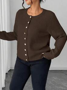 Elenzga Plus Size Casual Solid Color Gold Button Long Sleeve Cardigan - Brown - View 5